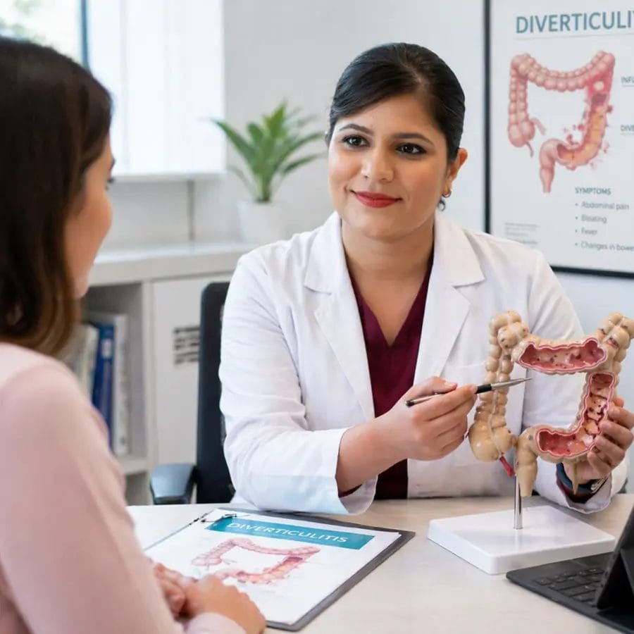 Dr Astha Bhatt colorectal surgeon explaining diverticulitis surgery using colon model during patient consultation